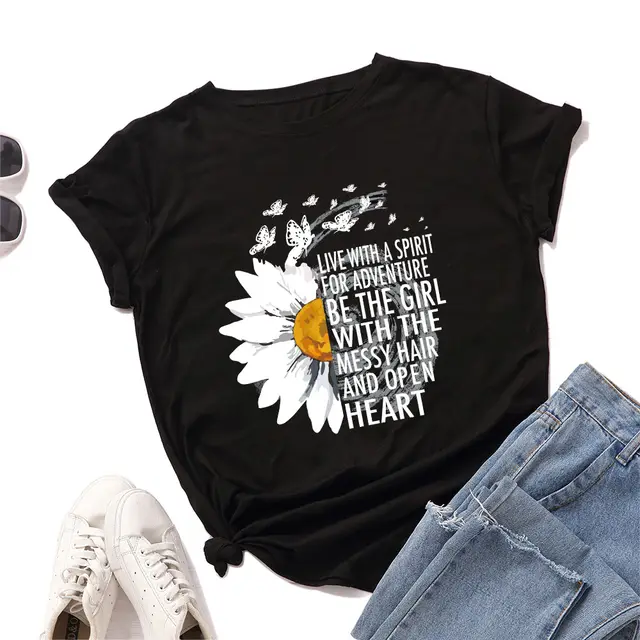 Women's Loose Round Neck Sunflower And Chrysanthemum Short sleeved T shirt Women Black - Shop at LoveMi
