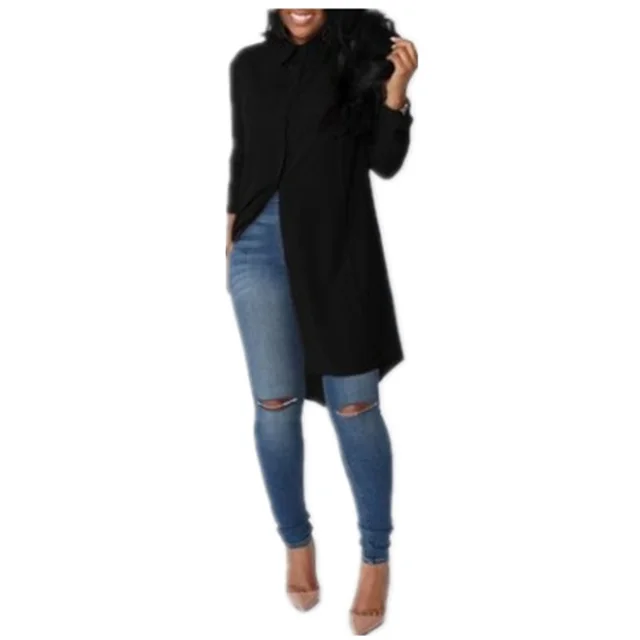 Irregular Mid length Long sleeved Chiffon Shirt Women Black - Shop at LoveMi