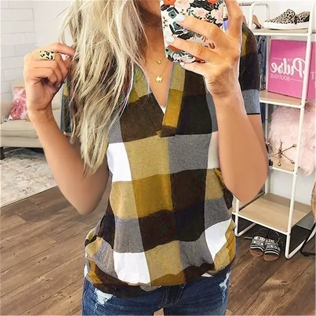 Women's New Shirt Plaid Printed V Neck Short Sleeved Shirt T Shirt Women Yellow - Shop at LoveMi