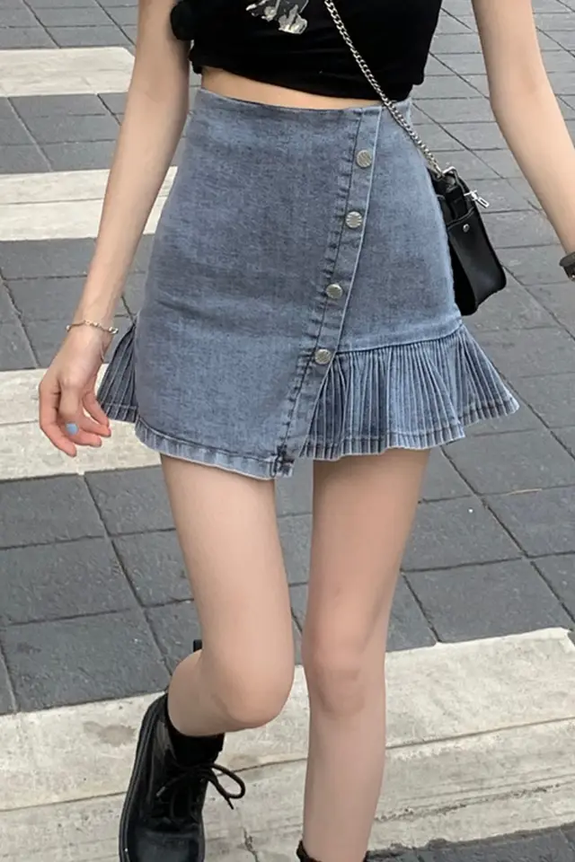 High Waisted Denim Skirt Was Thin And Pleated Blue - Shop at LoveMi