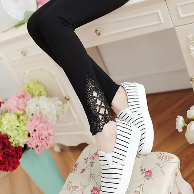 Hollow Triangle Lace Leggings With Hot Rhinestones Black - Shop at LoveMi