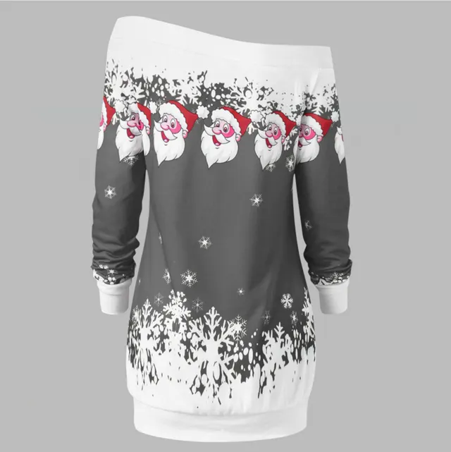 Christmas Women'S Positioning Printing One Shoulder Long Sleeved T Shirt Sweater Grey - Shop at LoveMi