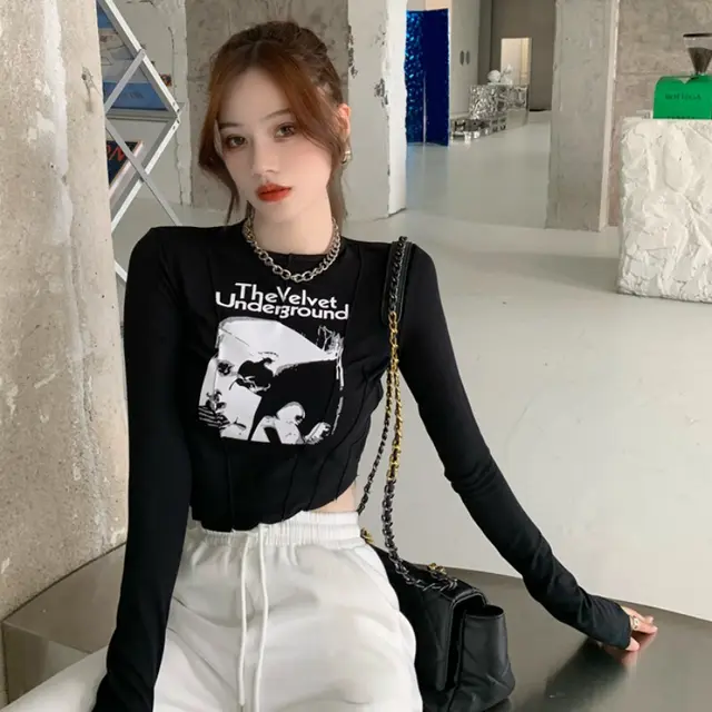 Yedinas Casual Slim T shirt For Women O Neck Long Sleeve Sexy Crop Top Black - Shop at LoveMi
