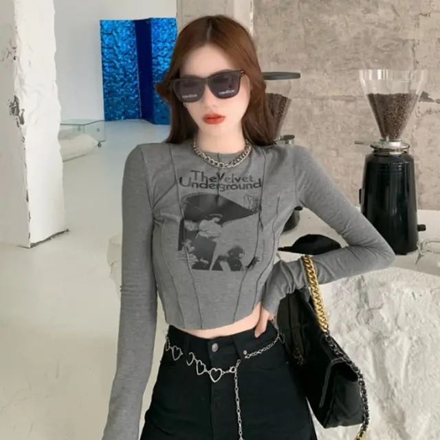 Yedinas Casual Slim T shirt For Women O Neck Long Sleeve Sexy Crop Top Gray - Shop at LoveMi