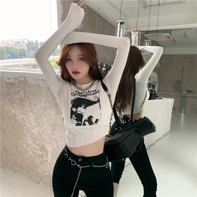 Yedinas Casual Slim T shirt For Women O Neck Long Sleeve Sexy Crop Top White - Shop at LoveMi
