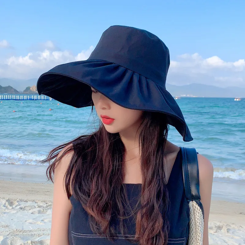 Summer Hat Korean Fashion Fisherman Hat Female Folding Solid Color Sunscreen Sun Visor Cover Face Leisure Basin Hat Black - Shop at LoveMi