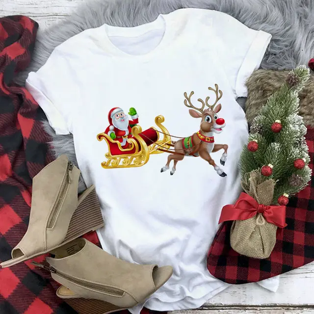 Christmas Lady Short sleeved T shirt Cartoon Santa Claus Print Street Casual T shirt 12 Style - Shop at LoveMi