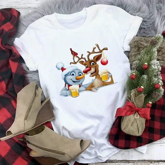 Christmas Lady Short sleeved T shirt Cartoon Santa Claus Print Street Casual T shirt 13 Style - Shop at LoveMi