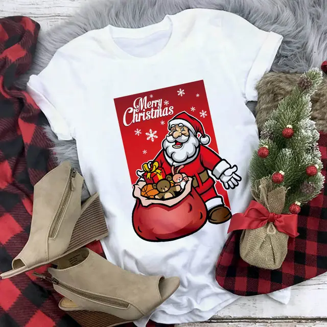 Christmas Lady Short sleeved T shirt Cartoon Santa Claus Print Street Casual T shirt 19Style - Shop at LoveMi