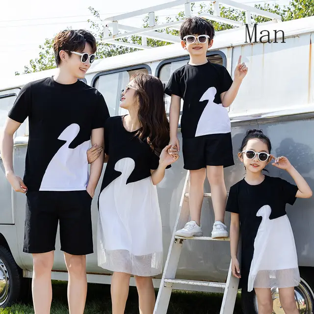 Fashion Simple Dress With Short Sleeves Parent child Family Wear Black - Shop at LoveMi