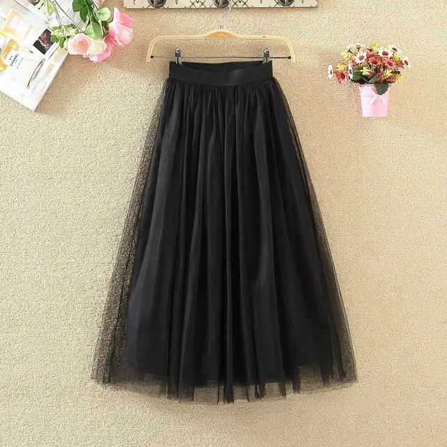 Yarn Skirt Half length Skirt Female High Waist Mid length A line Skirt Mesh Skirt Black - Shop at LoveMi