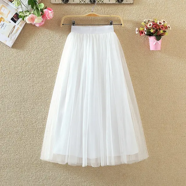 Yarn Skirt Half length Skirt Female High Waist Mid length A line Skirt Mesh Skirt White - Shop at LoveMi
