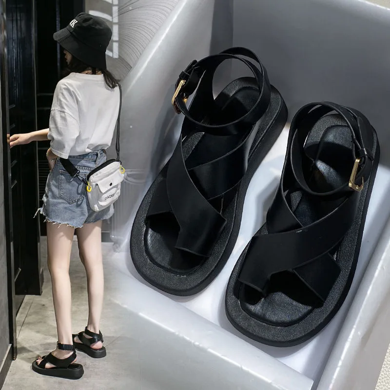 All match Thick soled Sponge Cake Roman Beach Shoes Black - Shop at LoveMi