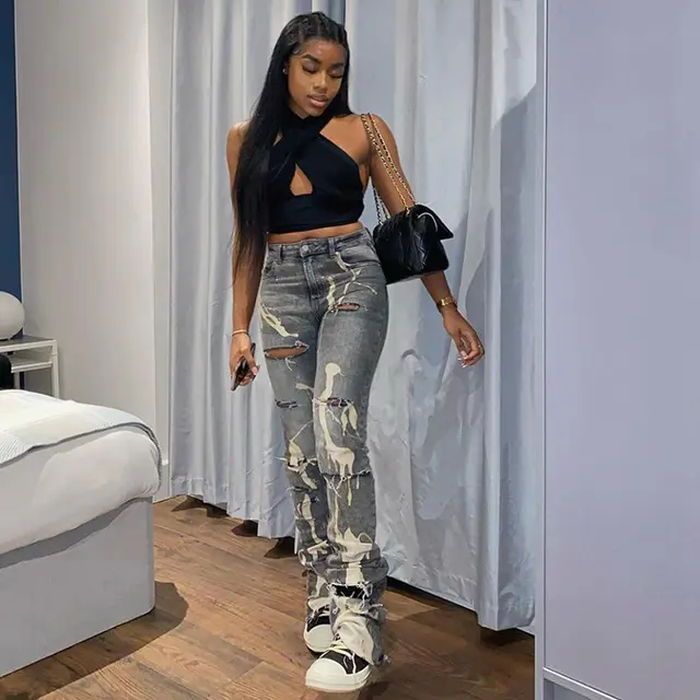 Gaten Gedrukt Jeans Dames Casual Daily Rechte Pijpen Broek Elastische Mid Taille Fashion High Street Cool Jeans Grey - Shop at LoveMi