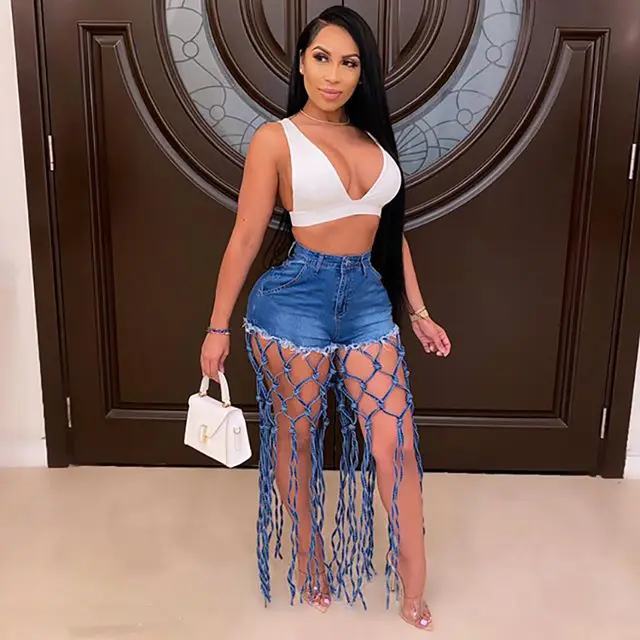 European And American Style Foreign Trade Women's Pants High Waist Hollow Denim Shorts Blue - Shop at LoveMi