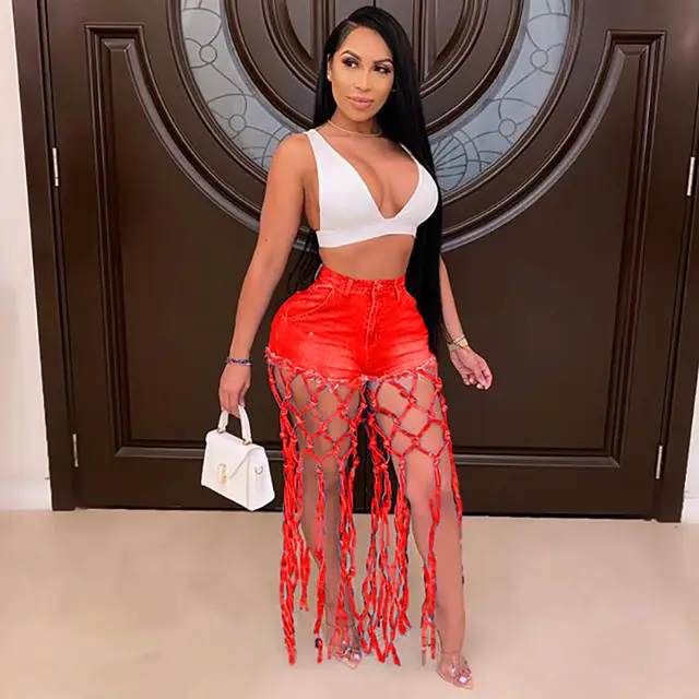 European And American Style Foreign Trade Women's Pants High Waist Hollow Denim Shorts Red - Shop at LoveMi