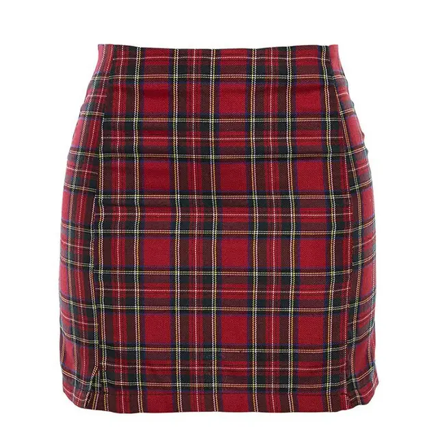 Summer New Style Foreign Trade Plaid Hem Slit Bag Hip Thin Skirt Short Skirt Red - Shop at LoveMi
