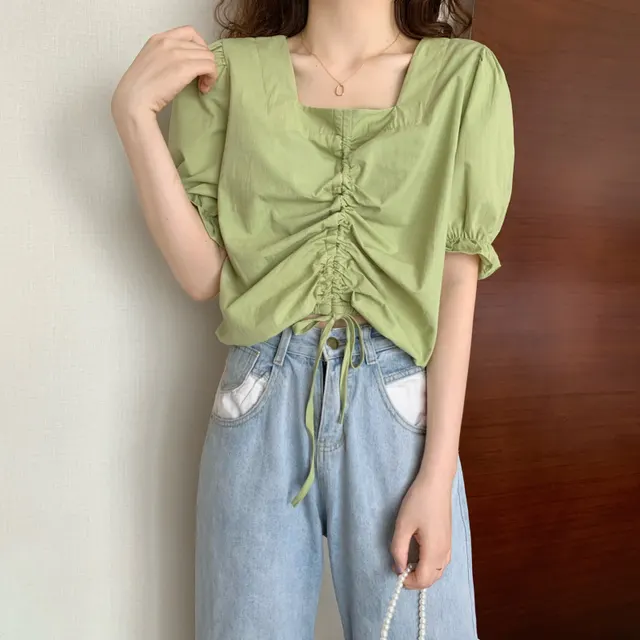Women's Square Neck Drawstring Bubble Short sleeved Shirt Green - Shop at LoveMi