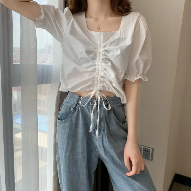 Women's Square Neck Drawstring Bubble Short sleeved Shirt White - Shop at LoveMi