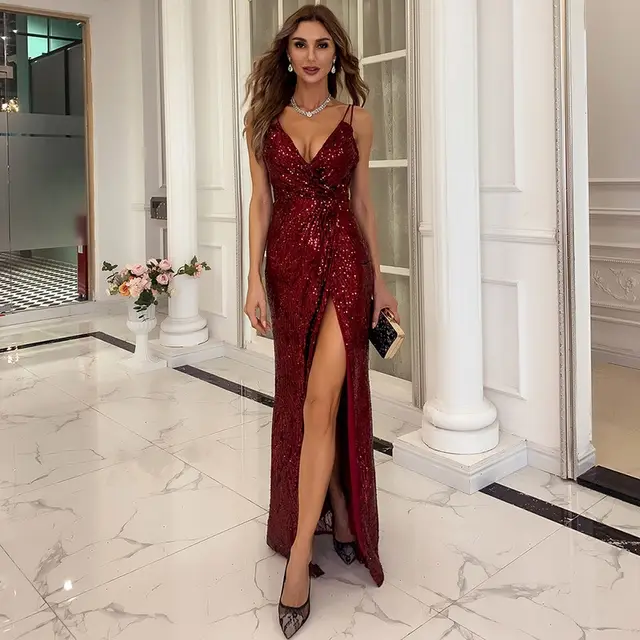 Women V Neck Sequin Spaghetti Strap Maxi Dress Party Dress Wine Red - Shop at LoveMi
