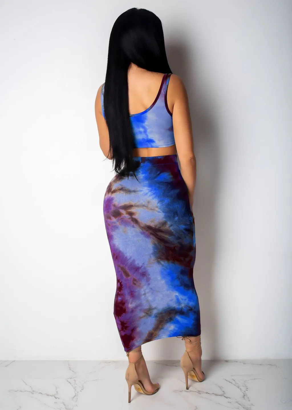 Two-piece Sexy Printed Vest Midi Skirt - Blue