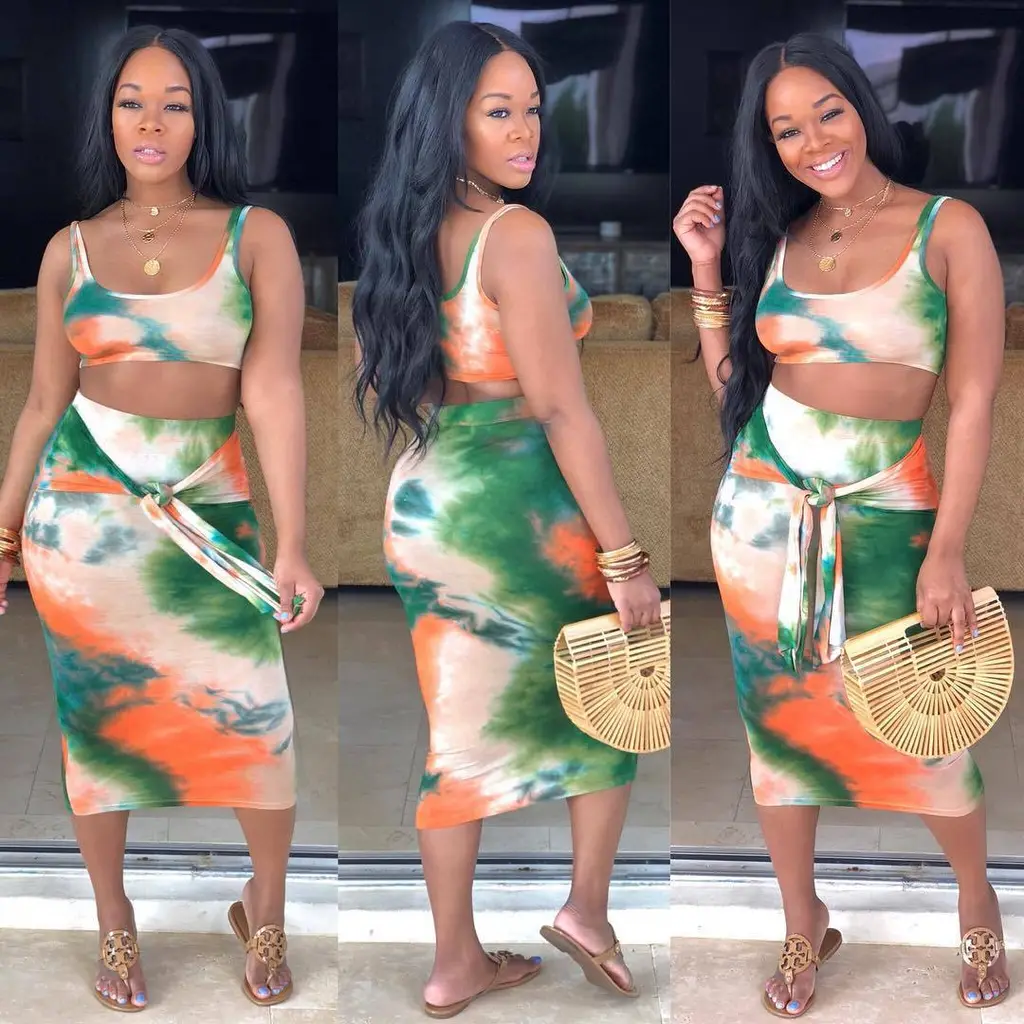 Two-piece Sexy Printed Vest Midi Skirt - Orange - View 1