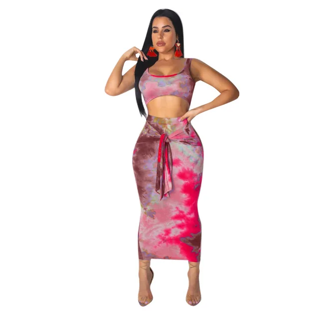 Two piece Sexy Printed Vest Midi Skirt Red - Shop at LoveMi