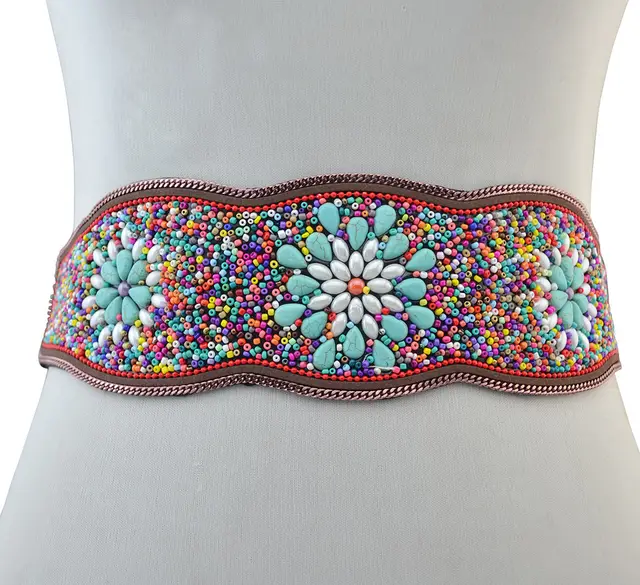 Ethnic Style Retro Waist Belt Turquoise Rice Bead Flower Belt Green - Shop at LoveMi