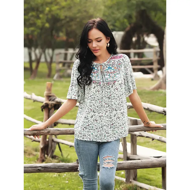 Summer Round Neck Pastoral Print Round Neck Drawstring Shirt White - Shop at LoveMi