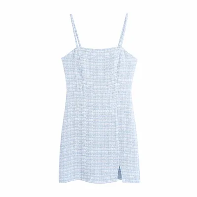 Tweed Pour Femmes, Summer Textured Mini Sling Dress Light Blue - Shop at LoveMi