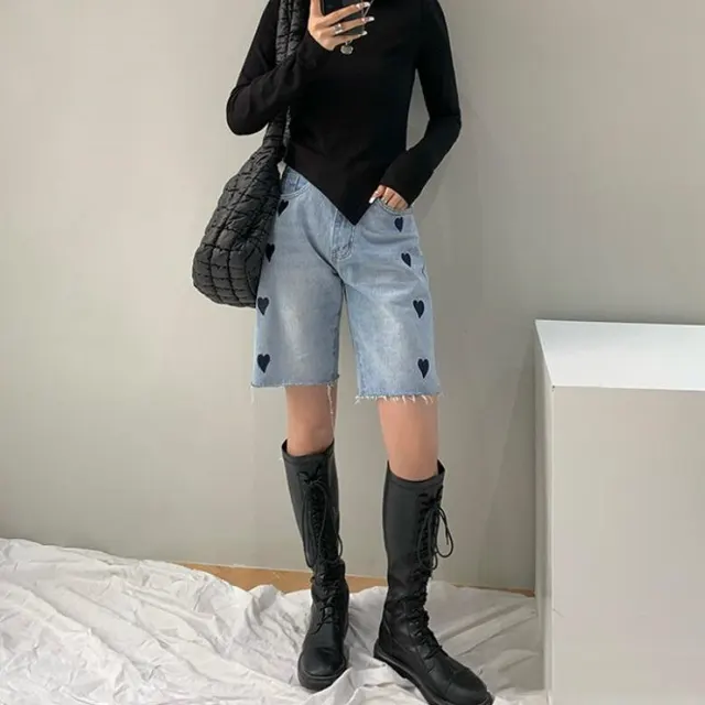 Jeans Women's New Loose Straight Five Point Love High Waisted Wide Leg Pants Blue - Shop at LoveMi