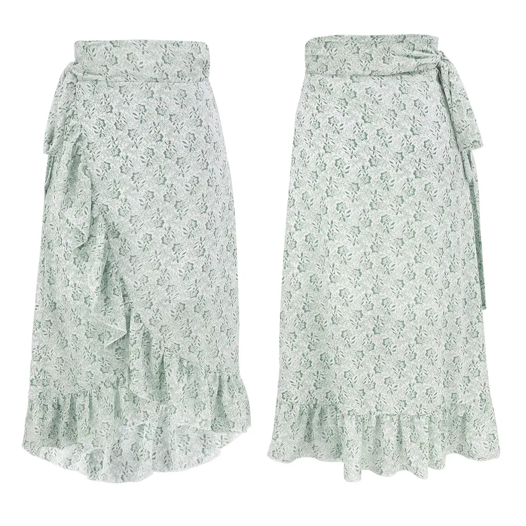 Woman Skirts High Waist Fashion Long Black Knotted Tied Wrap Floral Ruffle Chiffon A-Line Split Skirt Spring Summer Clothes - Green