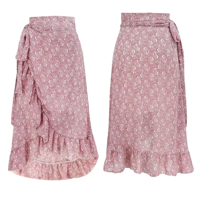 Woman Skirts High Waist Fashion Long Black Knotted Tied Wrap Floral Ruffle Chiffon A Line Split Skirt Spring Summer Clothes Pink - Shop at LoveMi