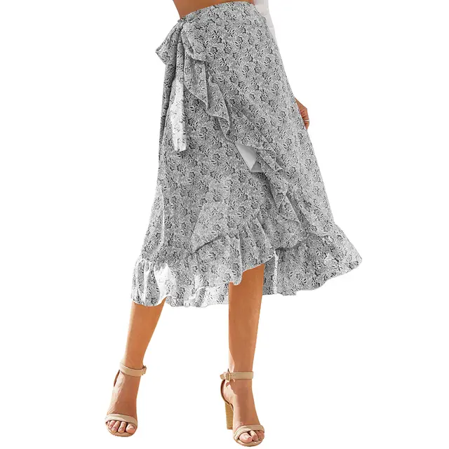 Woman Skirts High Waist Fashion Long Black Knotted Tied Wrap Floral Ruffle Chiffon A Line Split Skirt Spring Summer Clothes White - Shop at LoveMi