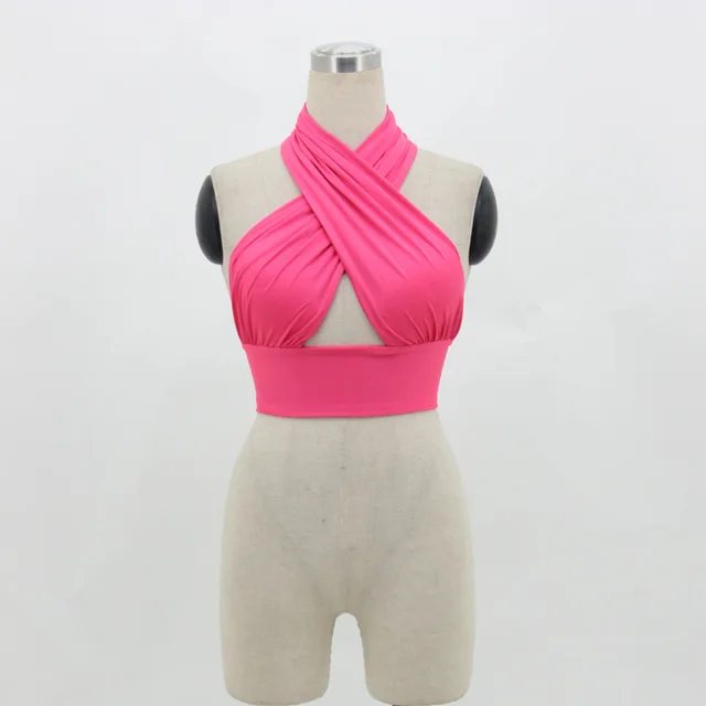 Multipurpose Tank Top Women Halter Neck Backless Strap Short Camisoles Solid Versatile Rose Red - Shop at LoveMi