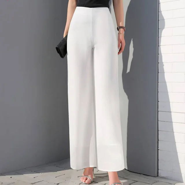 Temperament Commuter High Waist Black Irregular Loose Chiffon Wide Leg Pants White - Shop at LoveMi