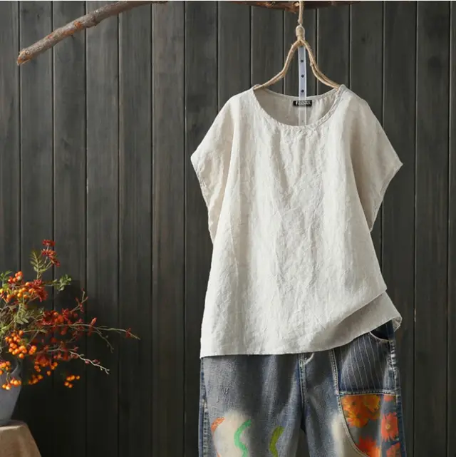 Cotton Linen Blouse Summer Short Sleeve Casual Shirt White - Shop at LoveMi