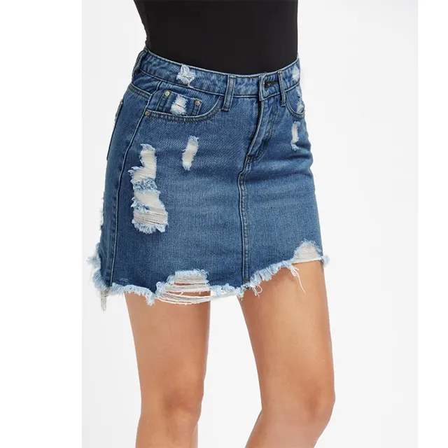 Women's Ripped Fringed Loose Sexy Denim Skirt Short Skirt Dark Blue - Shop at LoveMi