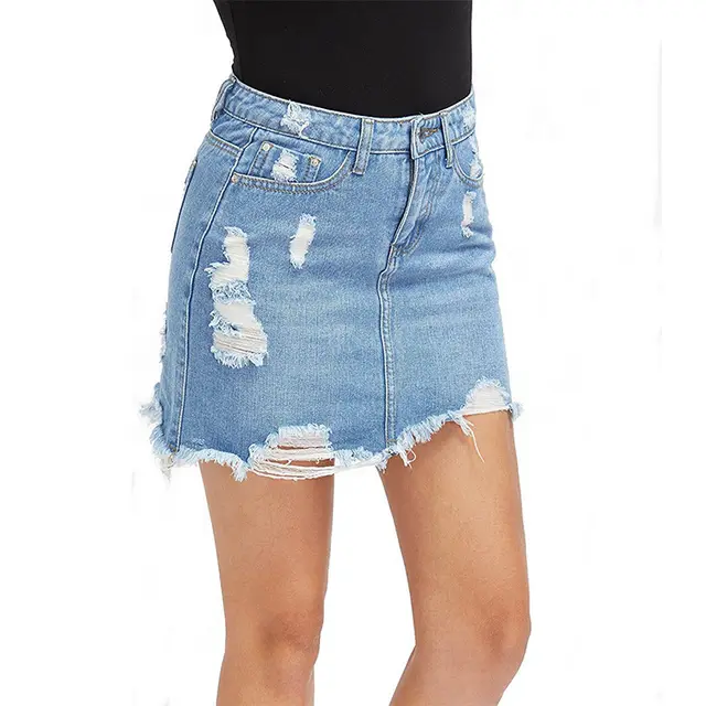 Women's Ripped Fringed Loose Sexy Denim Skirt Short Skirt Light Blue - Shop at LoveMi