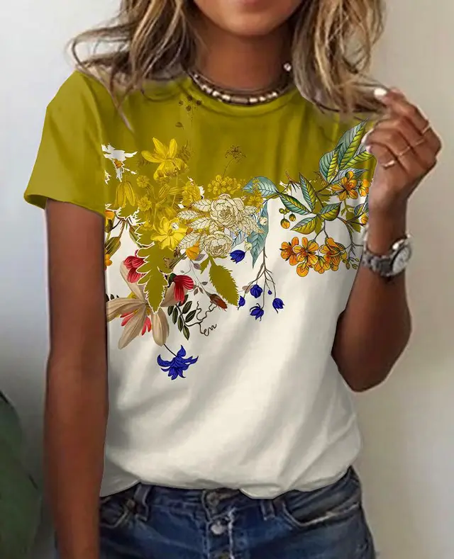 Floral Color Block Positioning Print Round Neck Short sleeved Top Khaki - Shop at LoveMi