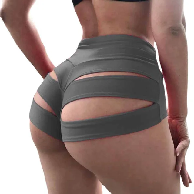Sexy Women Summer Solid Color Shorts Hollow Out Design See Through Elastic Mid Waist Slim Hips Shorts For Night Club Party Grey - Shop at LoveMi