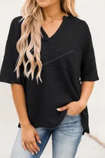 Summer Short-sleeved V-neck Pocket Split Loose Knit Top - Black