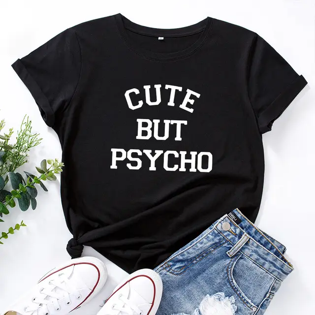 Women's Loose Round Neck Creative Letter Short sleeved T shirt Black - Shop at LoveMi
