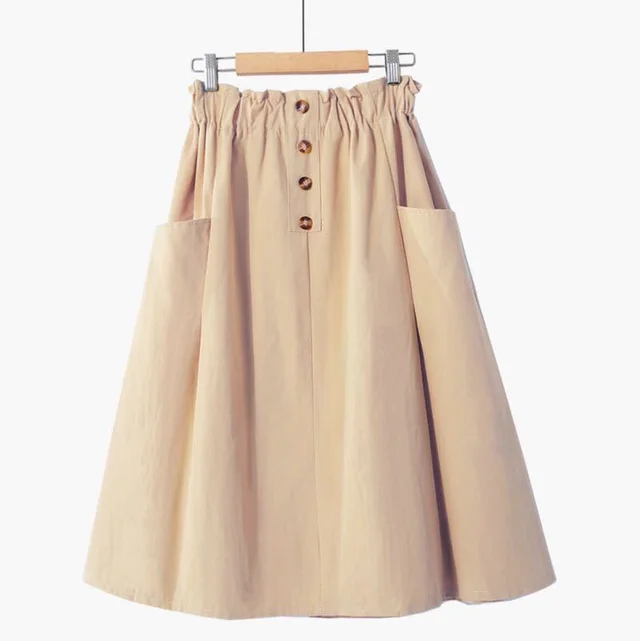 Solid Color Pocket Loose And Thin Cotton Mid length Skirt Apricot - Shop at LoveMi
