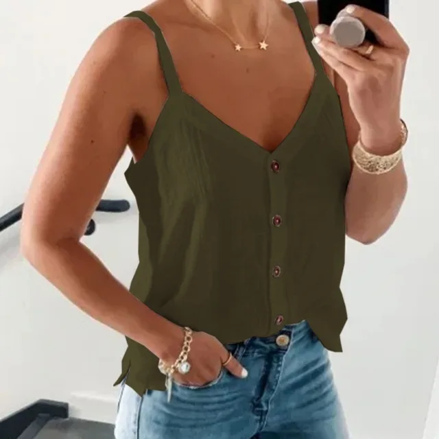 Sleeveless V neck Solid Color Vest Summer Camisole Top Army Green - Shop at LoveMi