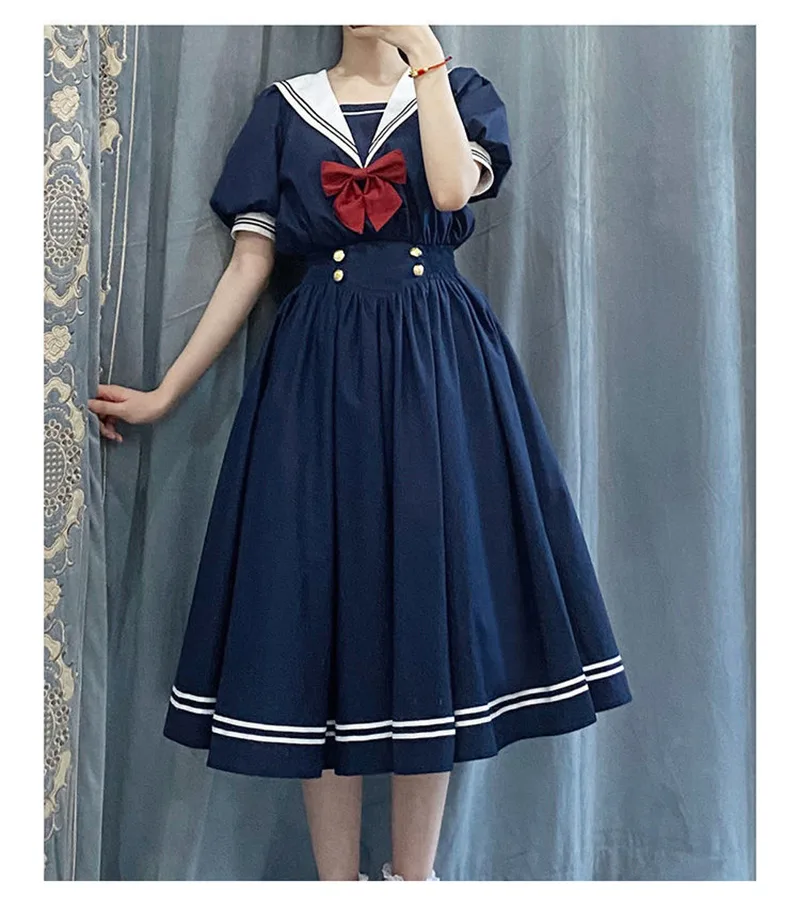 Soft Girl Student Sweet Short sleeved Dress Women Navy - Shop at LoveMi
