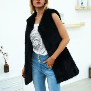 Faux Fur Blouse With Long Hair Vest - Black