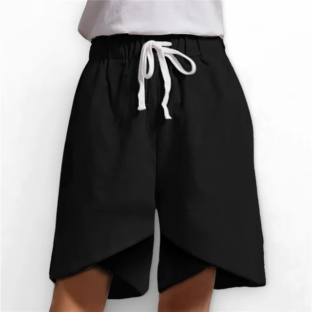 Elastic Waist Wide Leg Pants Pockets Loose Ladies Casual Shorts Black - Shop at LoveMi