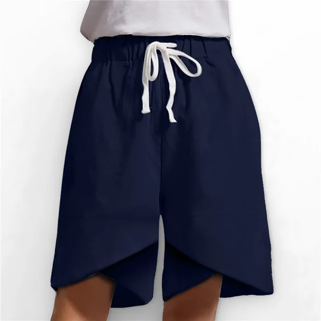Elastic Waist Wide Leg Pants Pockets Loose Ladies Casual Shorts Navy - Shop at LoveMi