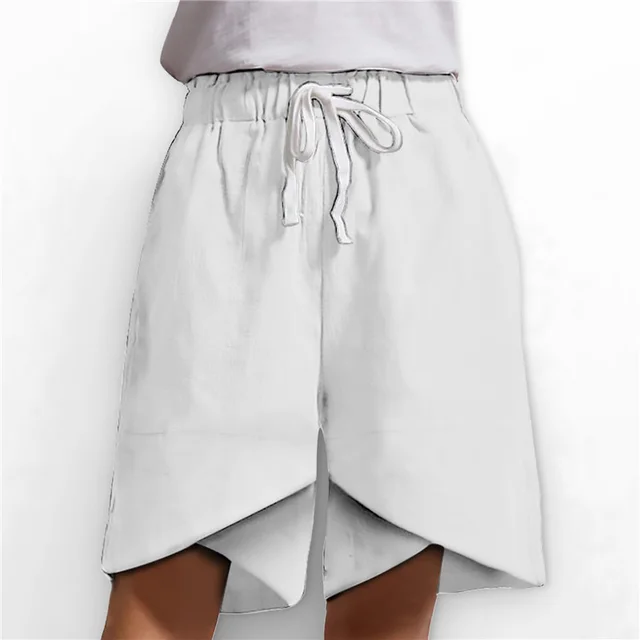 Elastic Waist Wide Leg Pants Pockets Loose Ladies Casual Shorts White - Shop at LoveMi